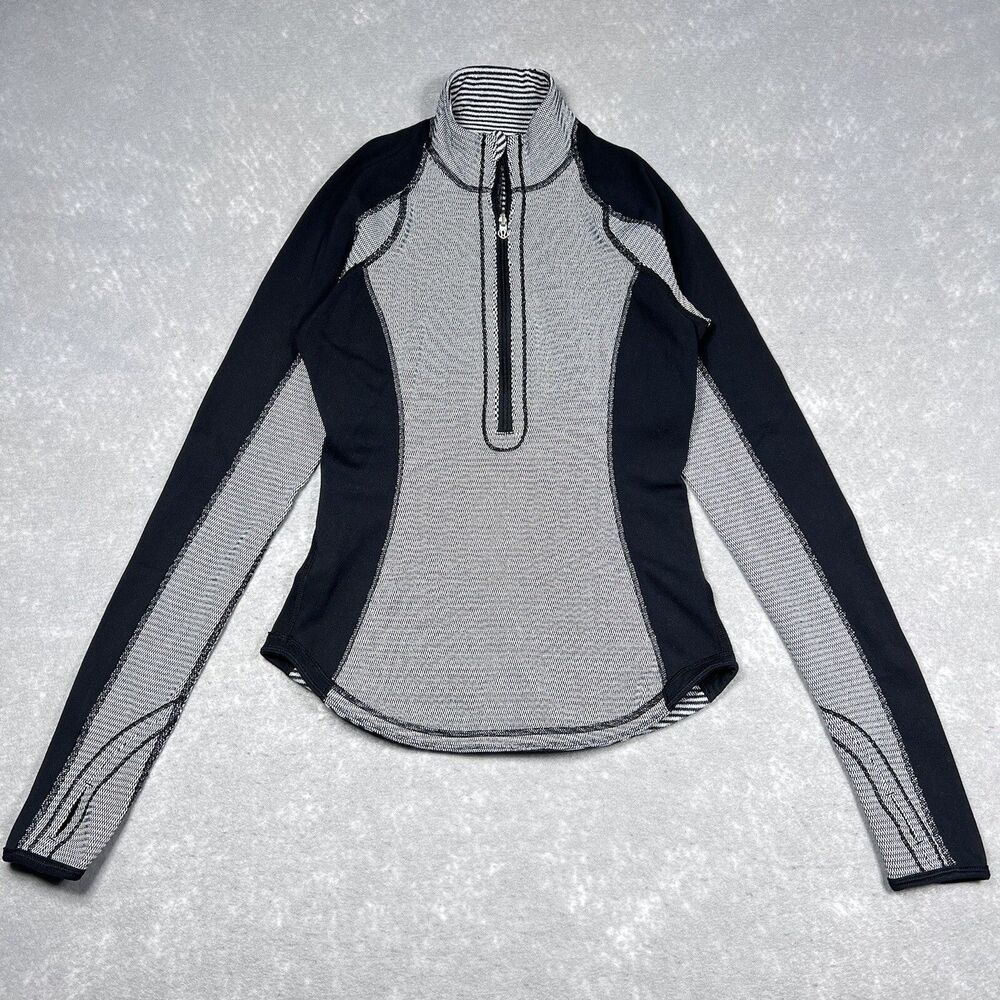 Lululemon Black Run U-Turn 1/4 Zip Pullover Reversible Stripe Women’s Size: 4